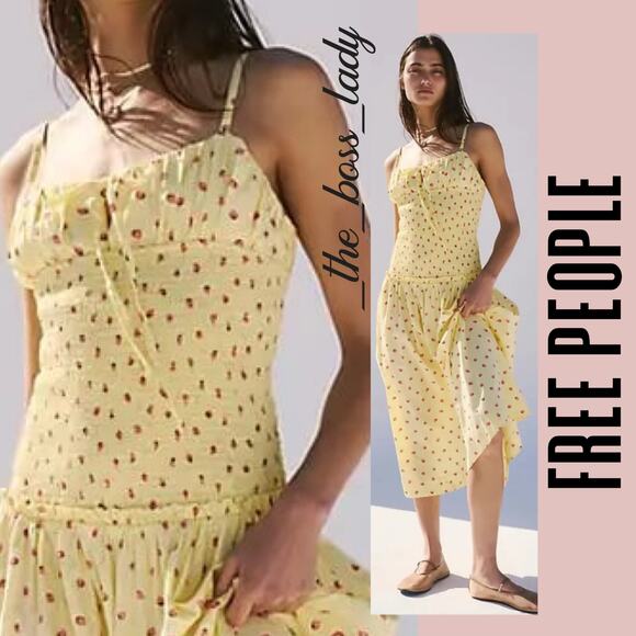 Free People dress midi smocked cotton pleated strawberry print Medium - Picture 1 of 10